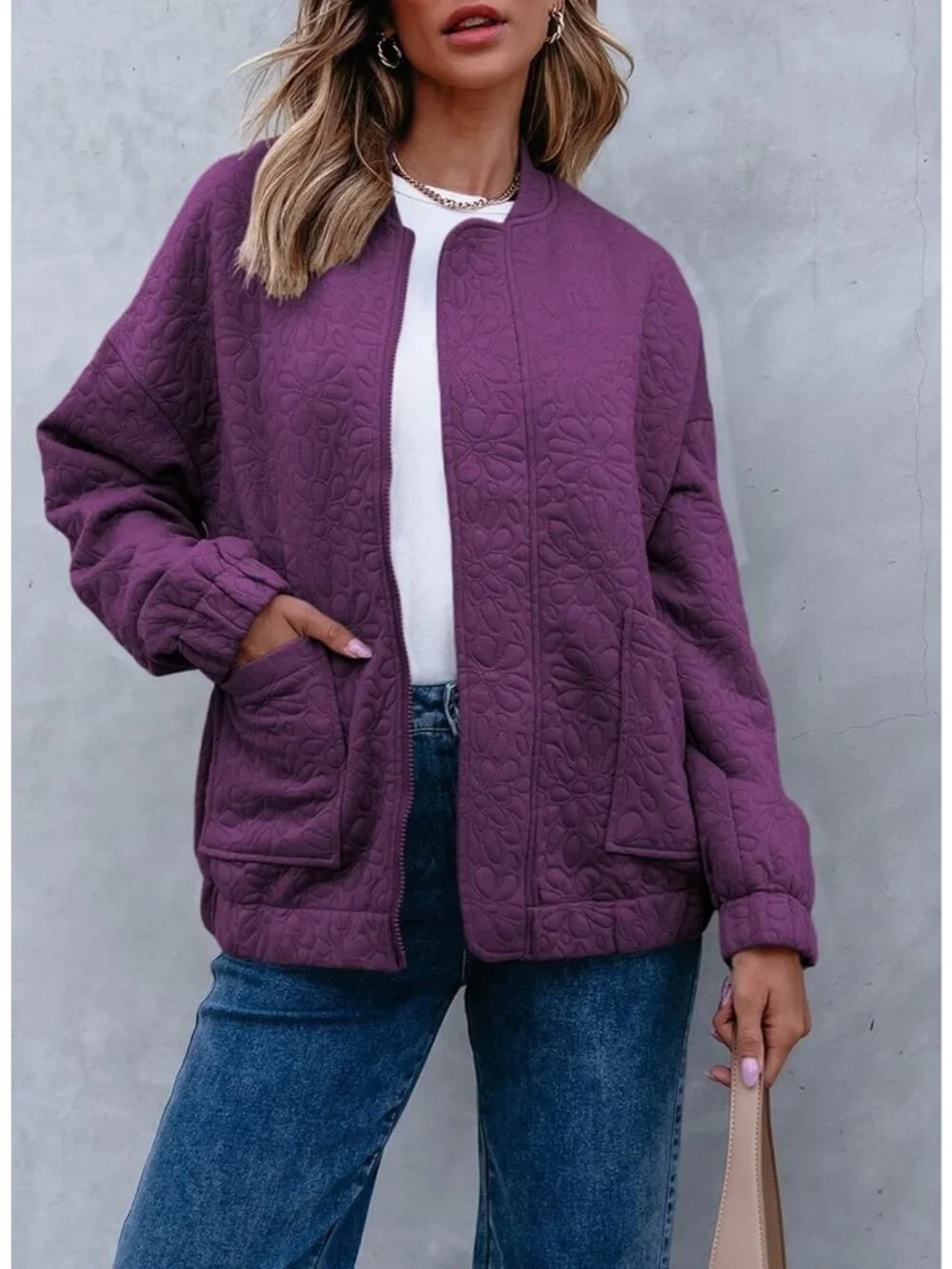 Women's Purple Lightweight Stand Collar Long Sleeve Outerwear Bomber Jacket